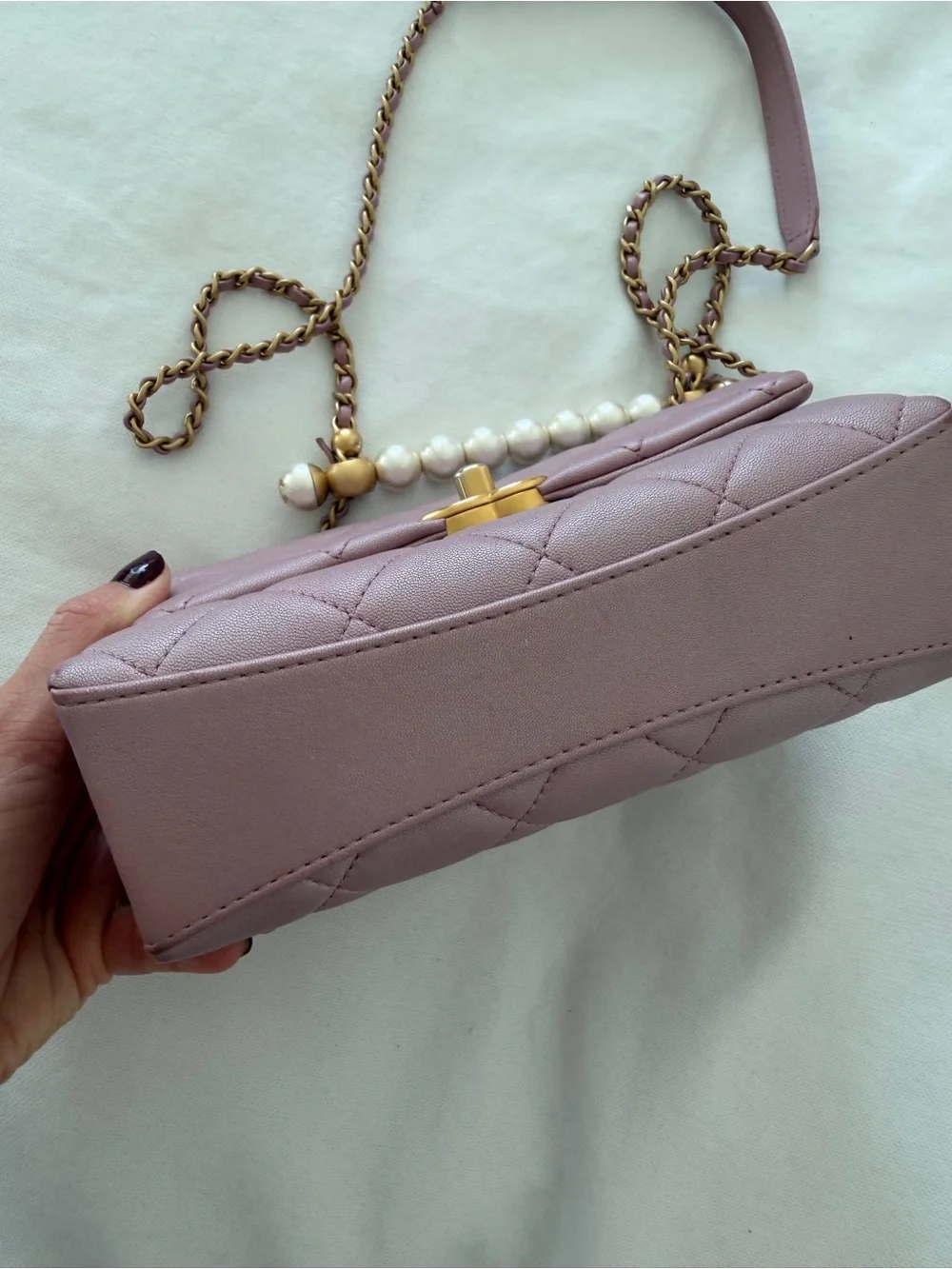 Authentic CHANEL Quilted Mini Pearl Flap Bag in Pale Pink